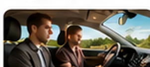 Zwei Personen nebeneinander im Auto, die Fahrerin am Steuer.
